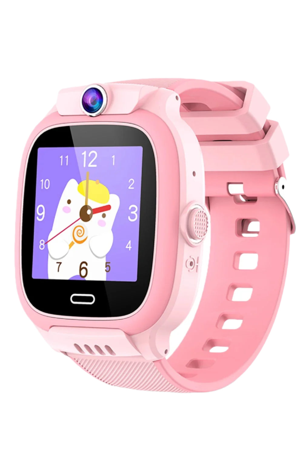 Vue latérale montre enfant rose, étanche et robuste