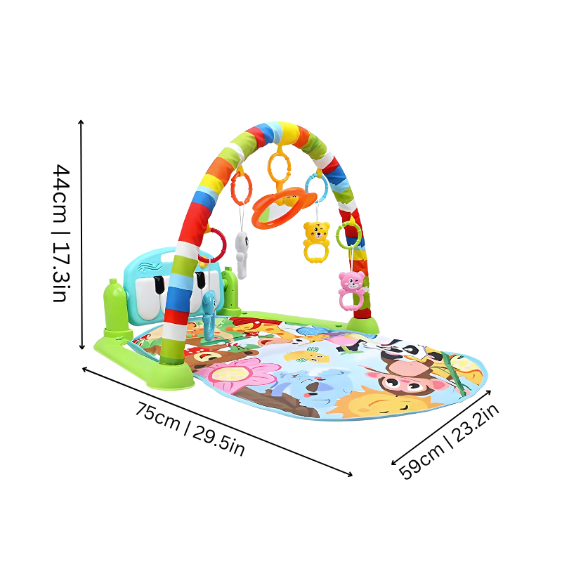 Bébé jouant sur un tapis musical, explorant les textures