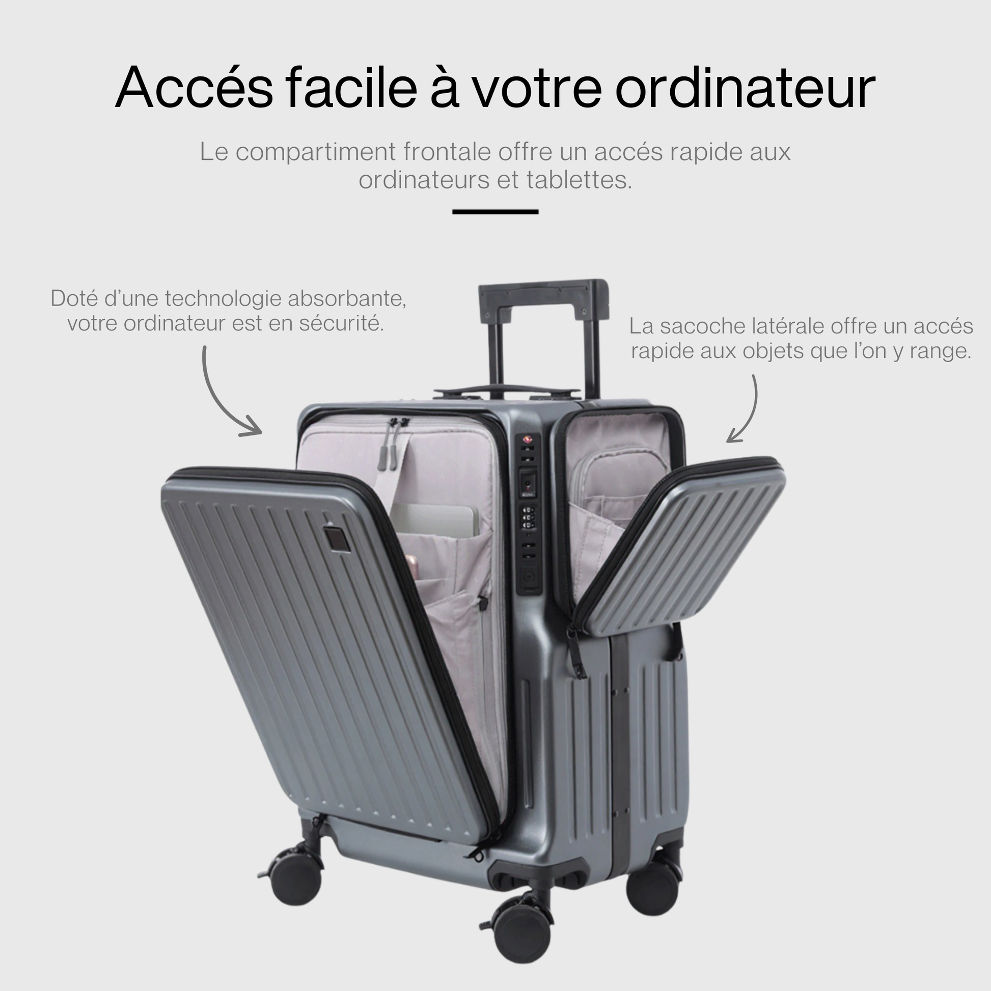 Valise cabine ouverte montrant le double séparateur et les pochettes