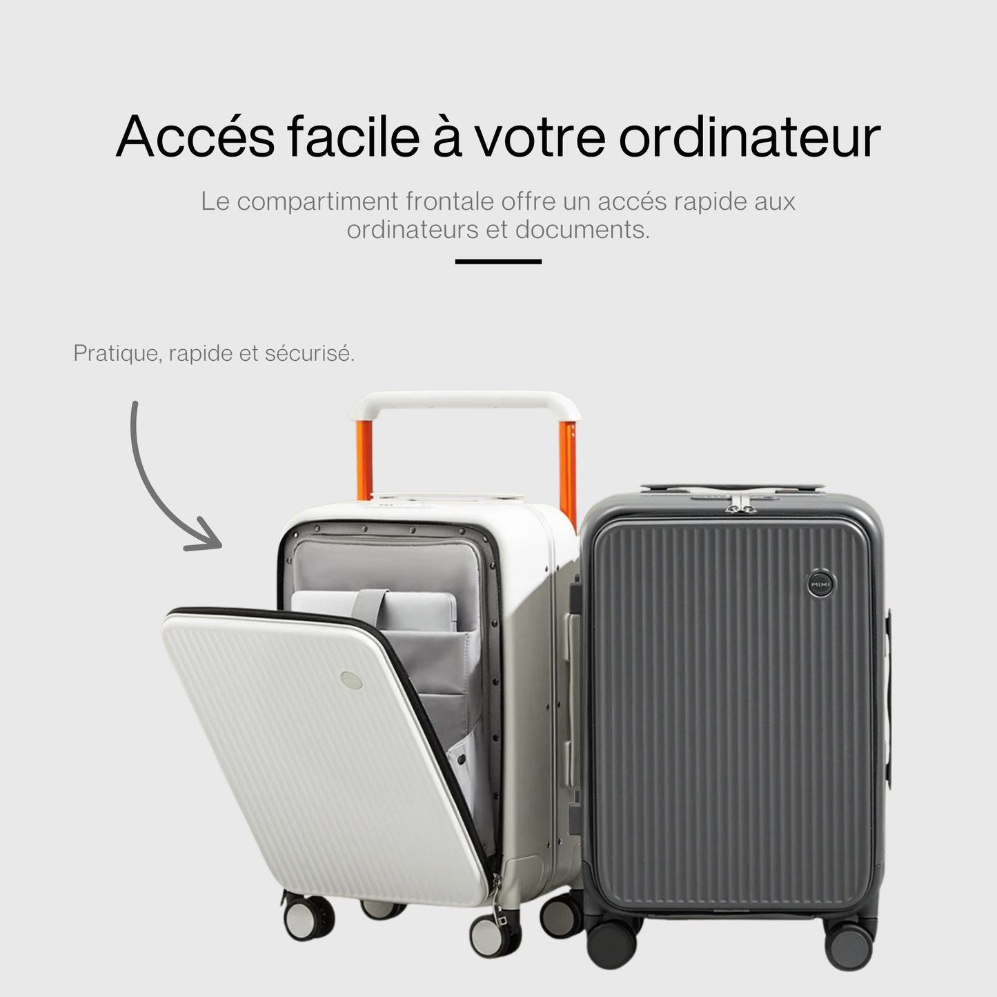 Vue de face d'une valise cabine rigide avec ouverture frontale