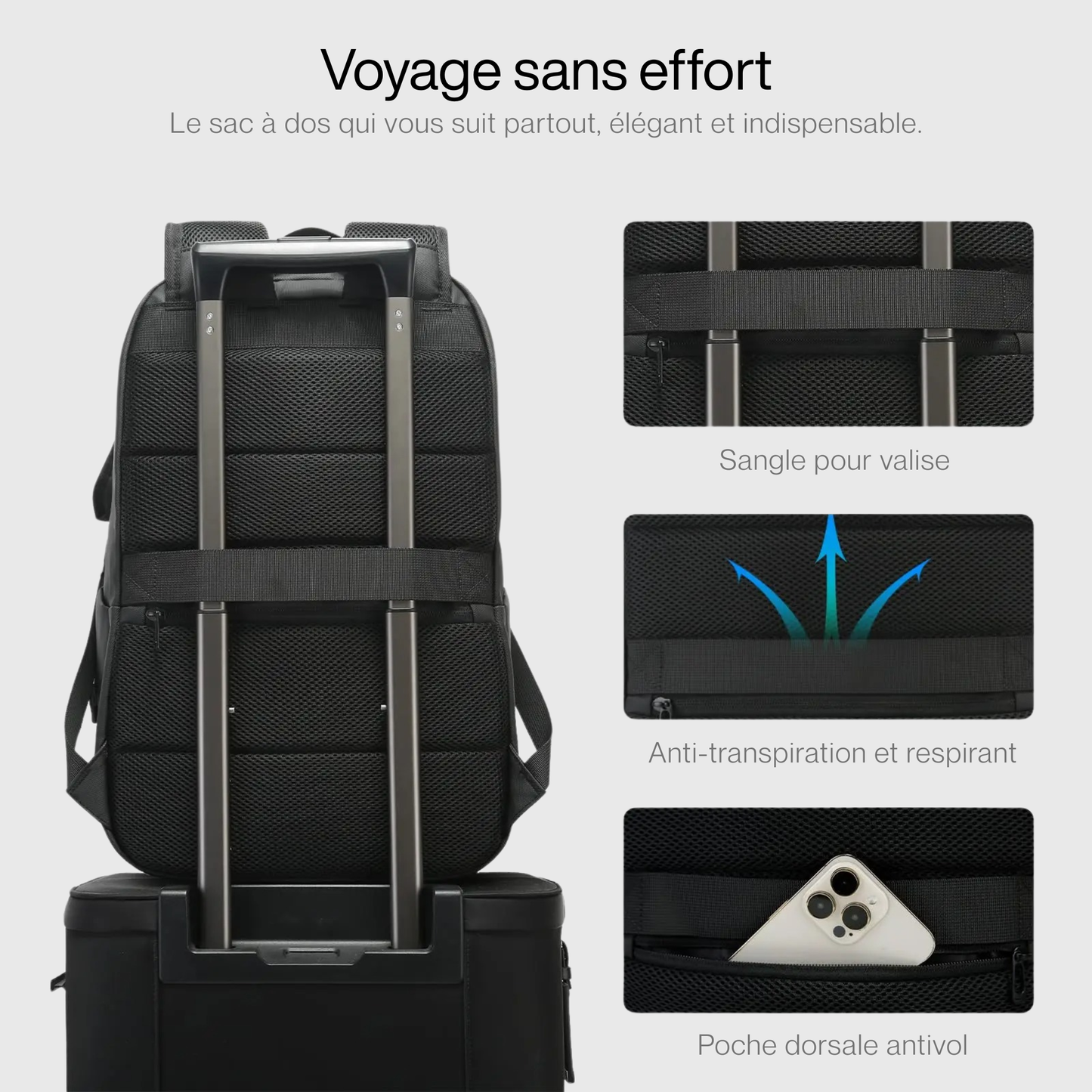 Vue arrière du sac à dos avec rembourrage pour confort