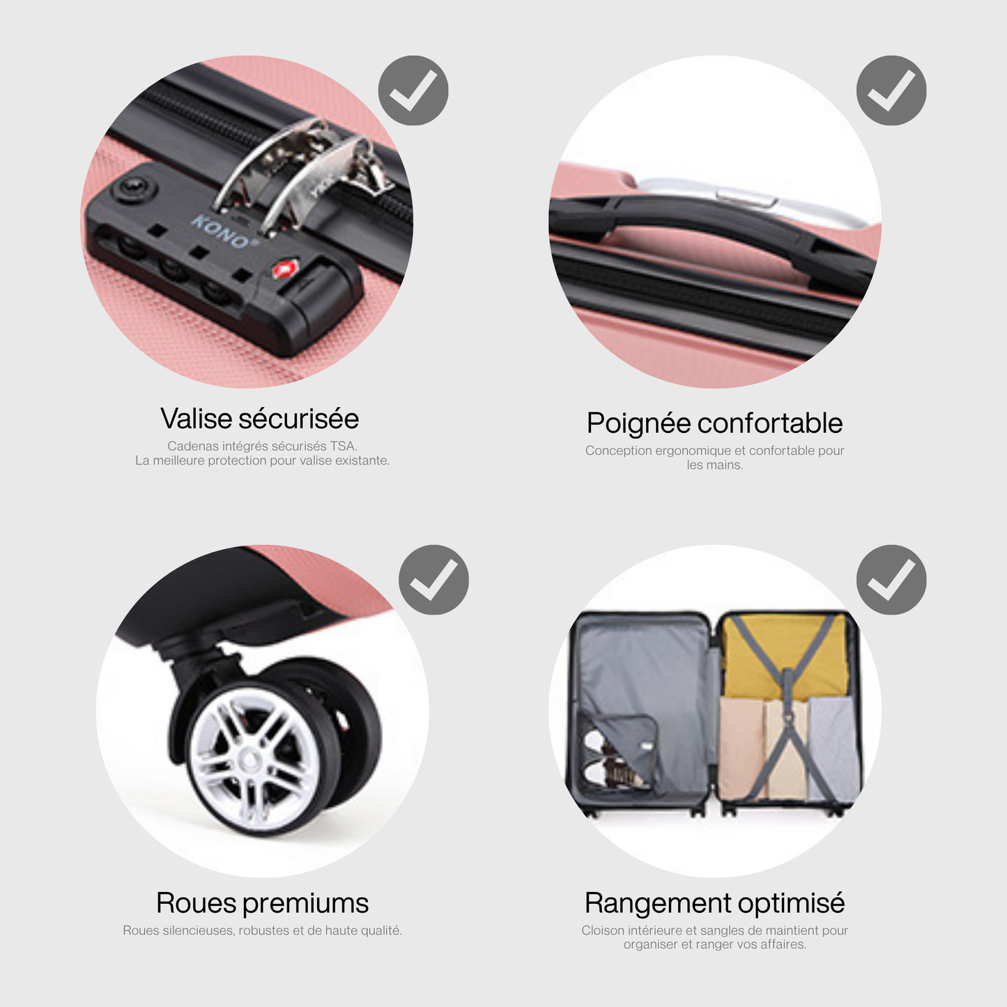Vue rapprochée des roues premium robustes de la valise