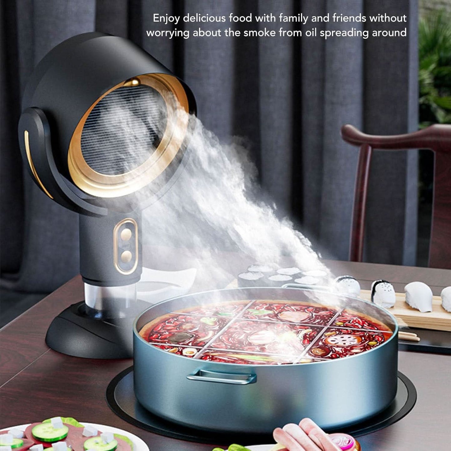 Absorbeur de fumée en fonctionnement dans un salon moderne