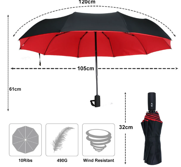 Parapluie noir ouvert sous forte pluie, vue de face