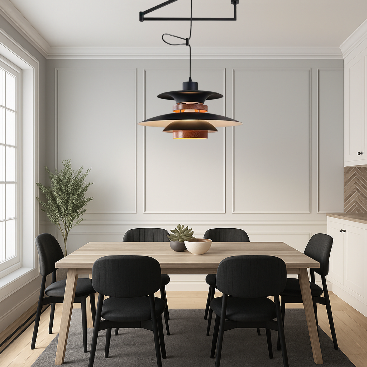 Vue rapprochée des accents en bois naturel de la lampe