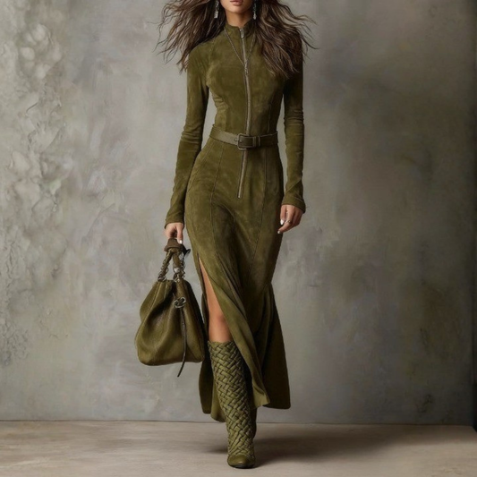 Robe en suède portée avec des bottes hautes pour un style chic