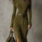 Robe longue en suède avec ceinture ajustable et fermeture éclair