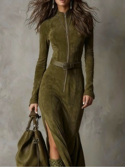Robe longue en suède avec ceinture ajustable et fermeture éclair