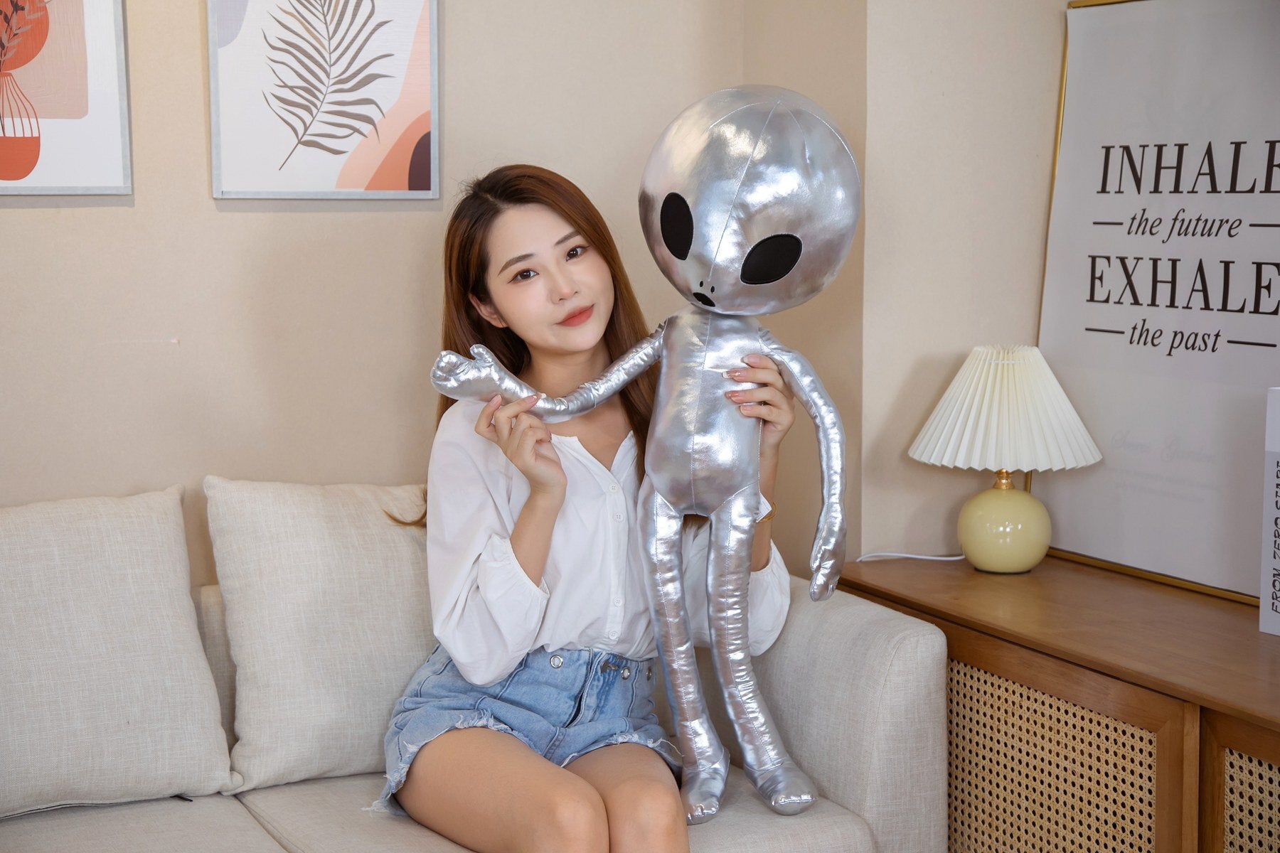 Sac à dos peluche alien vert avec antennes et yeux ronds