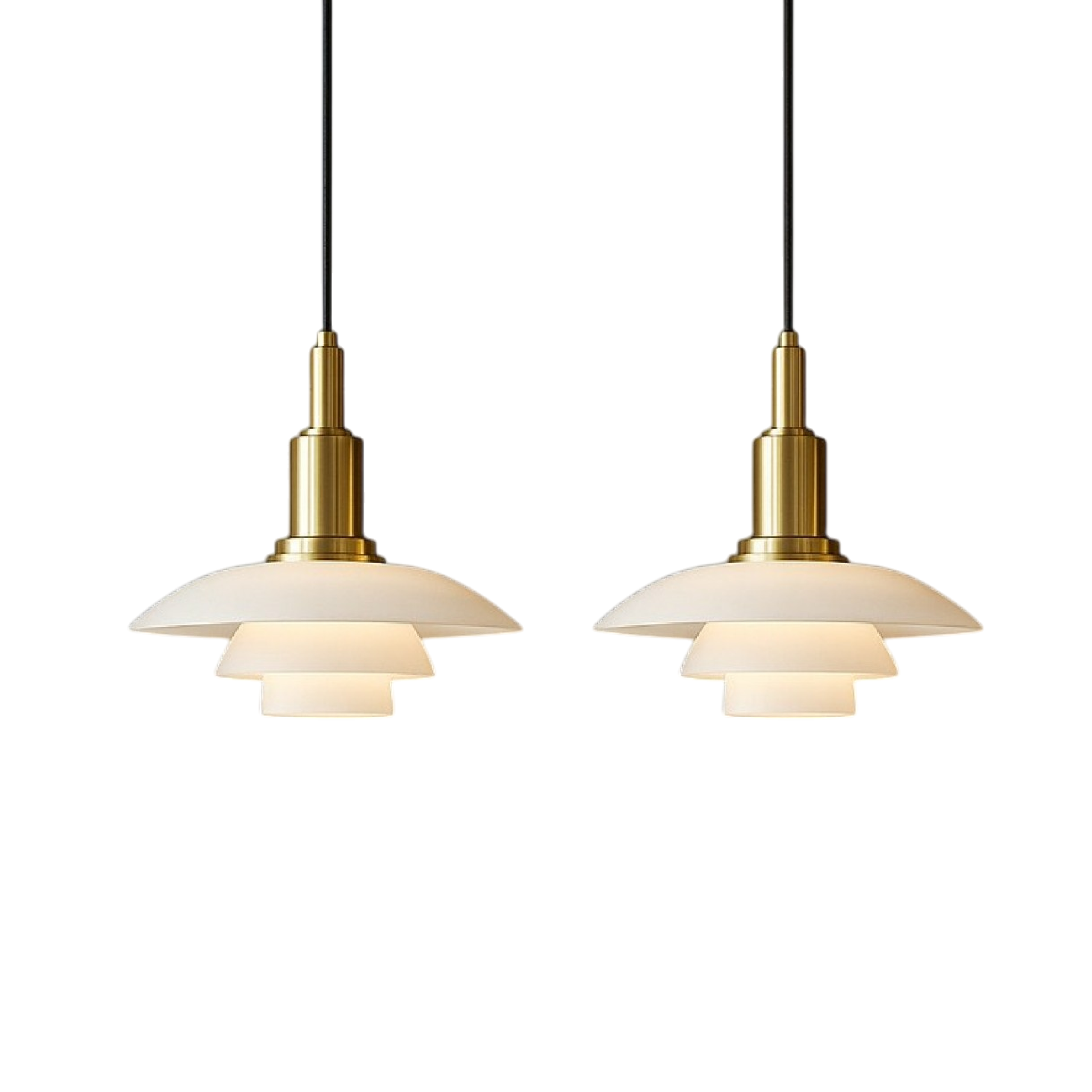 Détail des abat-jours en verre de la lampe suspendue