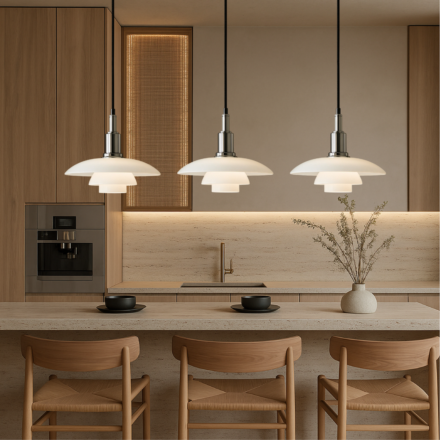 Lampe suspendue danoise éclairant un salon moderne