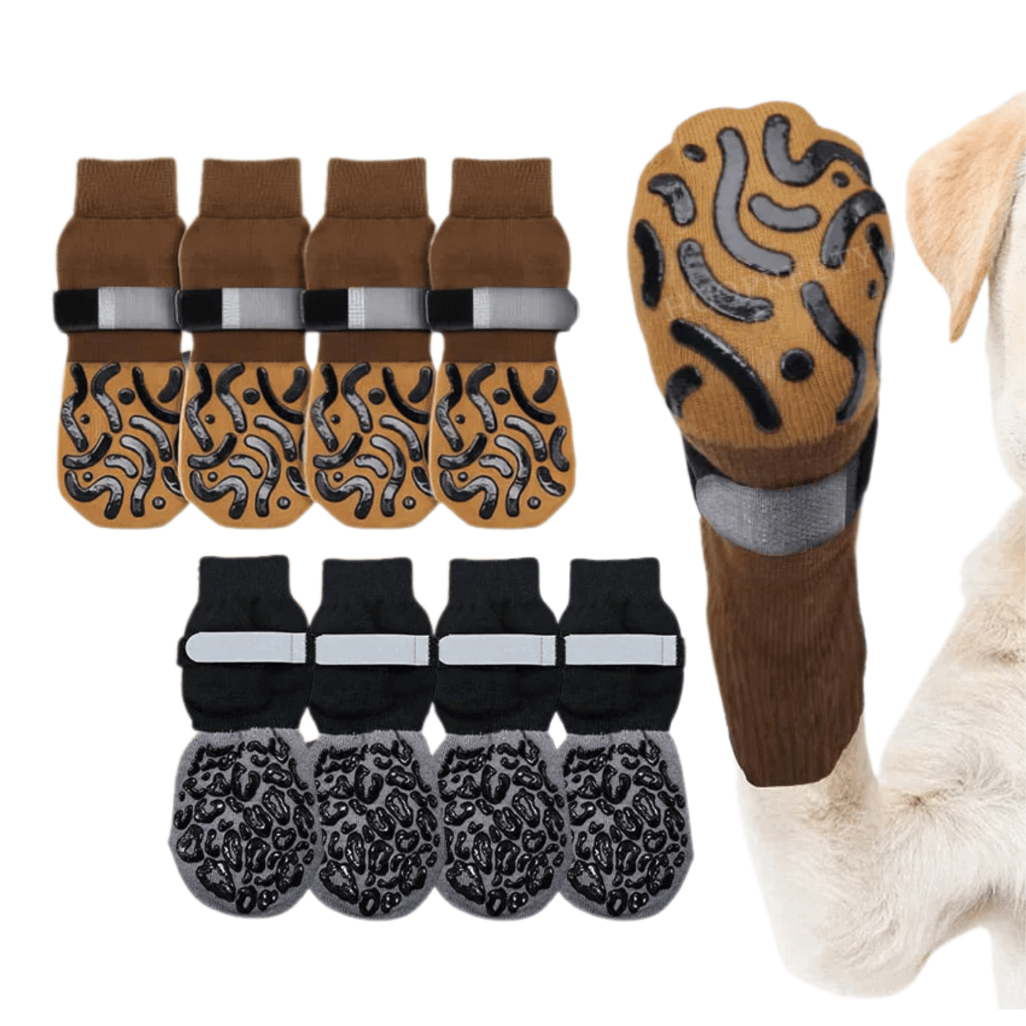 Chaussettes antidérapantes pour chien, vue de côté sur tapis
