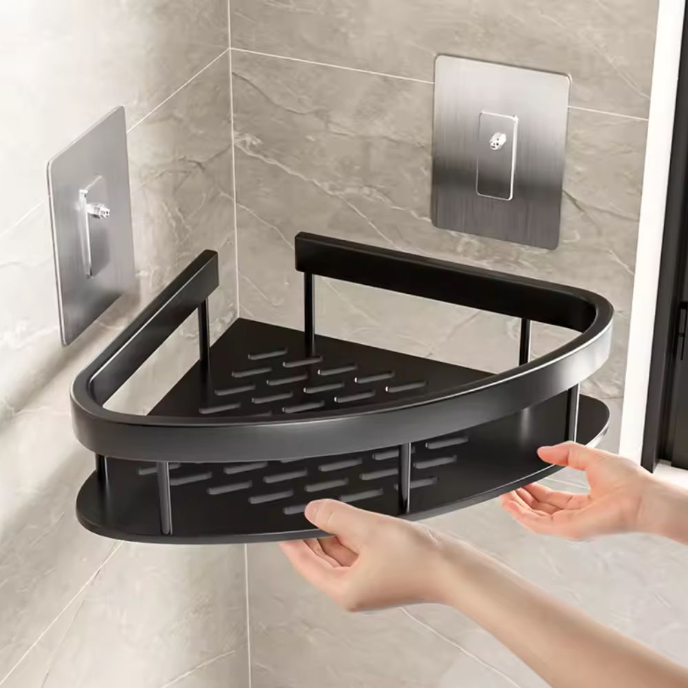 Étagère de douche noire en aluminium avec cadre ouvert
