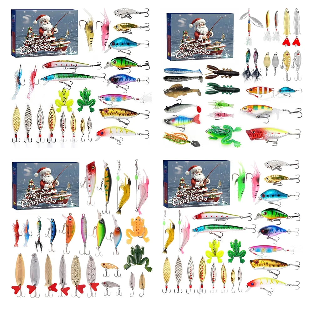 Calendrier de l'Avent avec leurres de pêche variés exposés