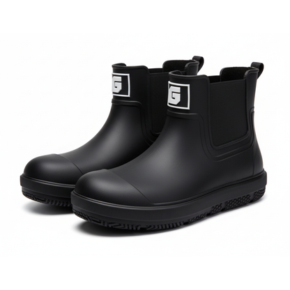 Bottes de pluie alignées sur une surface en bois clair