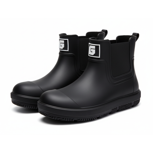 Bottes de pluie alignées sur une surface en bois clair