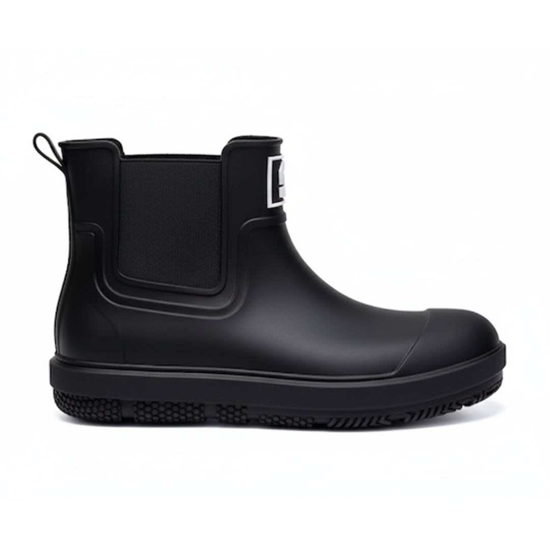 Bottes de pluie noires en PVC sur fond blanc