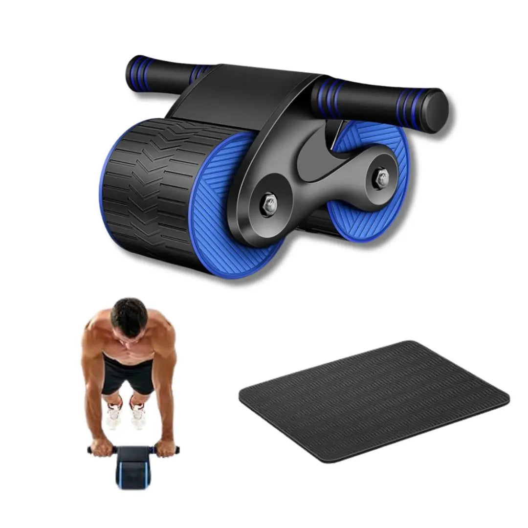 Roue abdominale avec poignées en mousse sur tapis antidérapant