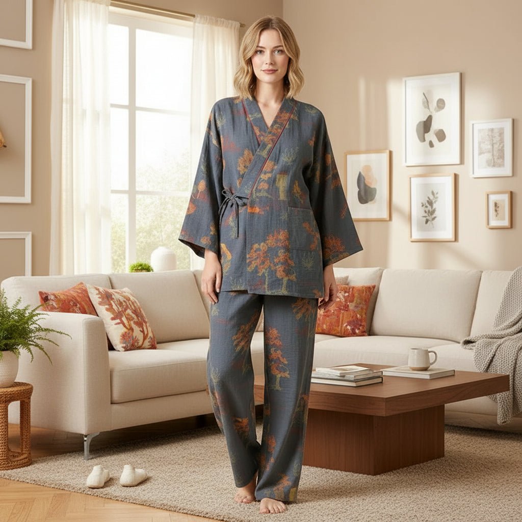 Pyjama kimono en coton avec motifs aquarelle délicats