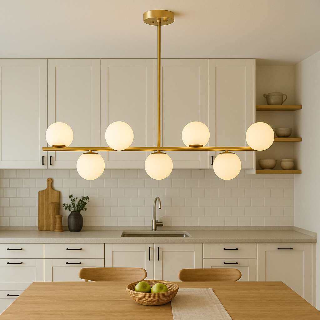 Lustre doré suspendu avec lumière LED allumée