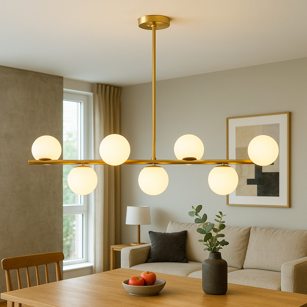 Vue rapprochée des lignes épurées du lustre doré