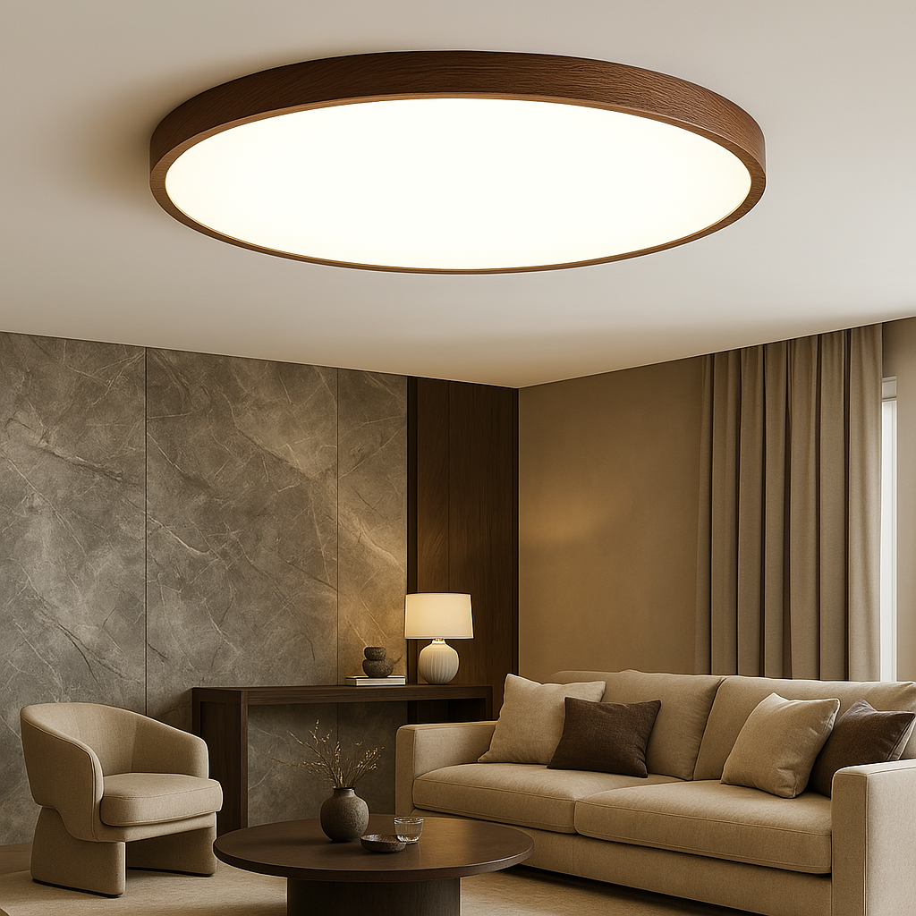Vue de dessous de la lampe ronde en bois foncé