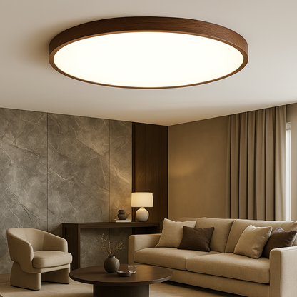 Vue de dessous de la lampe ronde en bois foncé