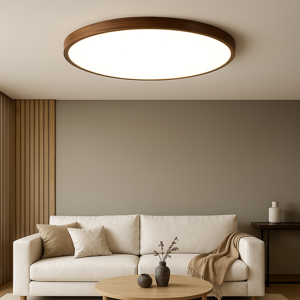 Lampe de plafond en bois foncé installée dans un salon