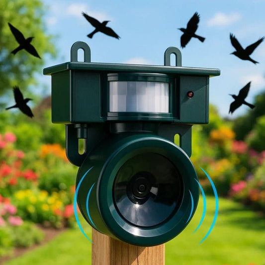 Appareil anti-oiseaux installé sur une terrasse extérieure