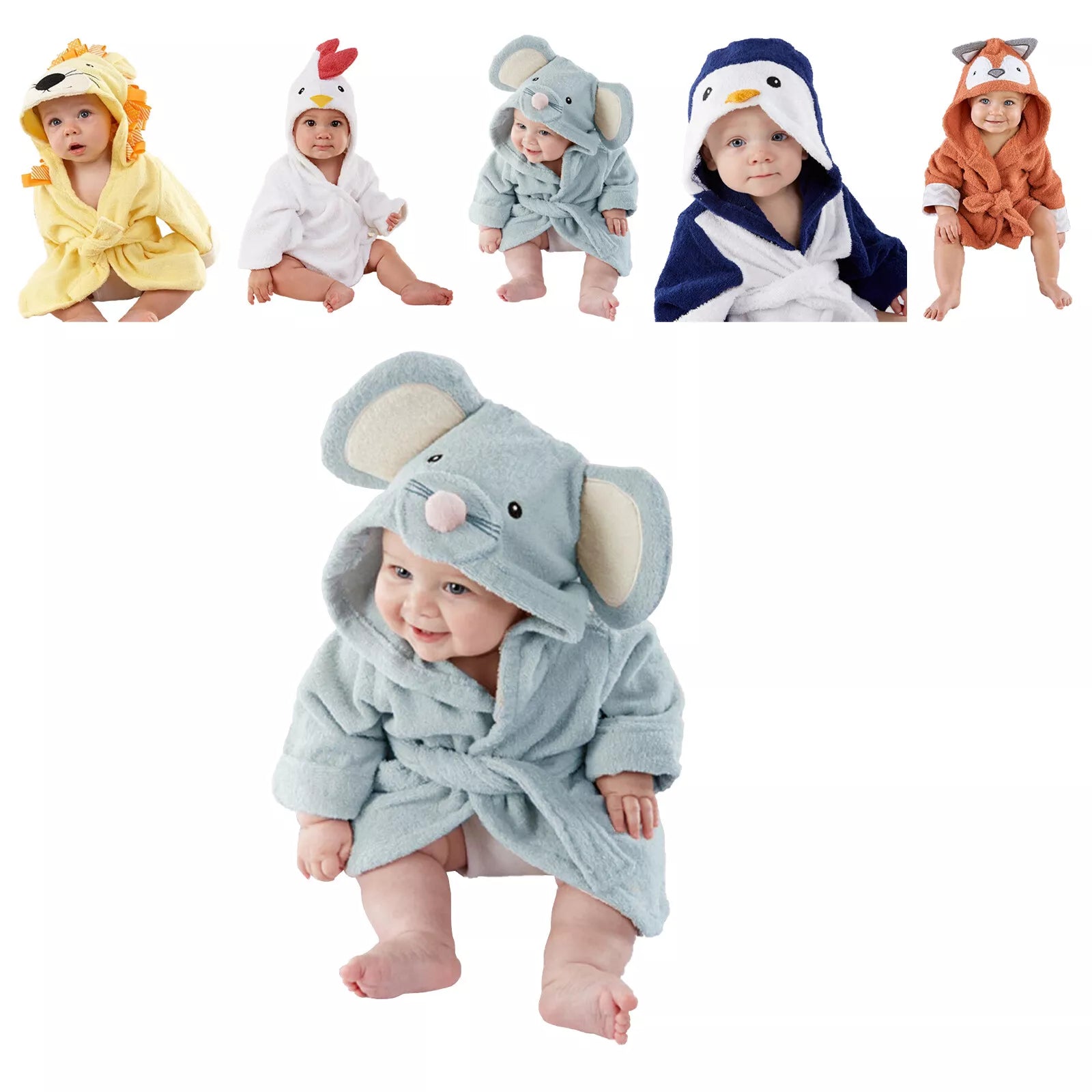 Peignoir bébé en coton avec oreilles d'animal, vue de face