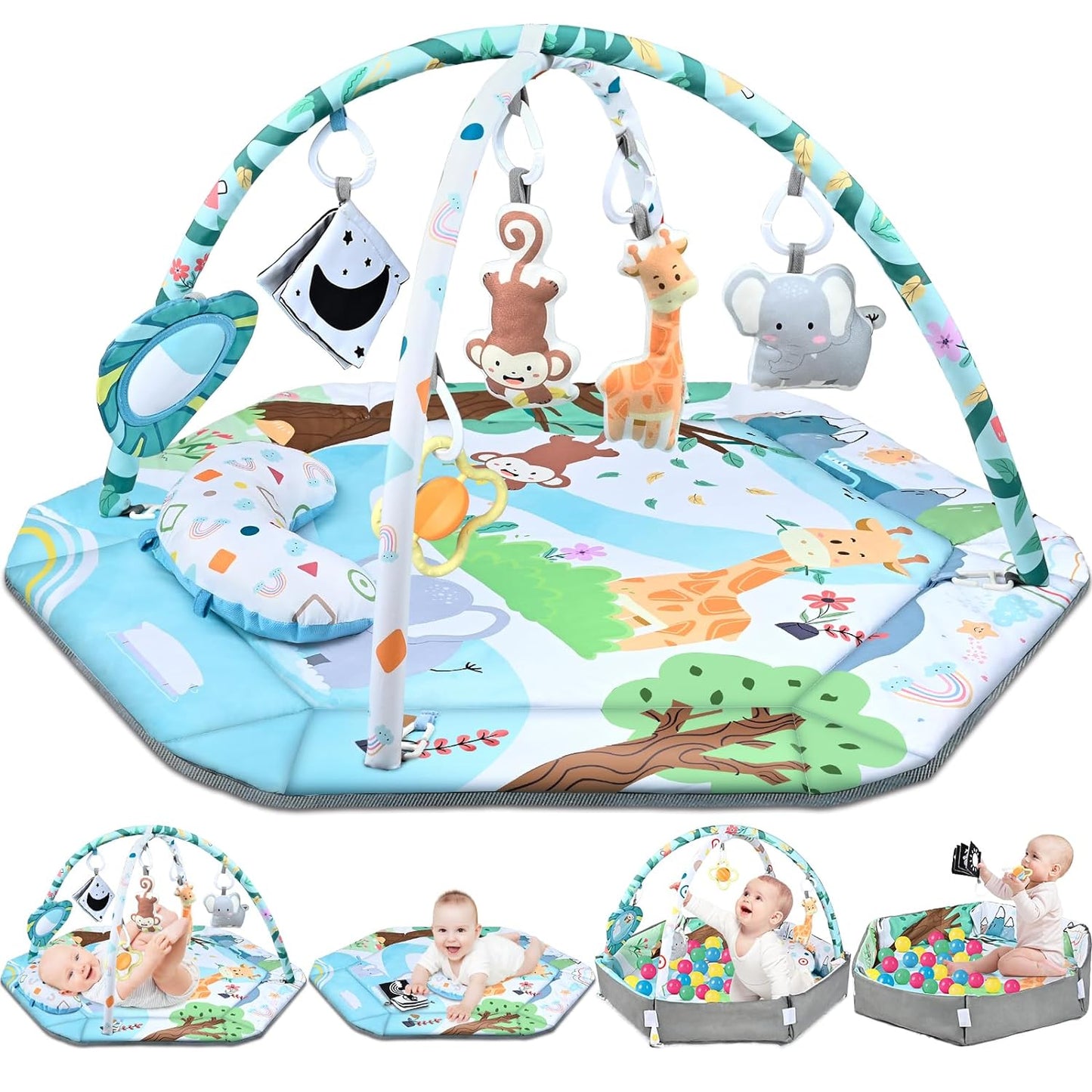 Tapis de jeu bébé avec jouets sensoriels amovibles et textures variées