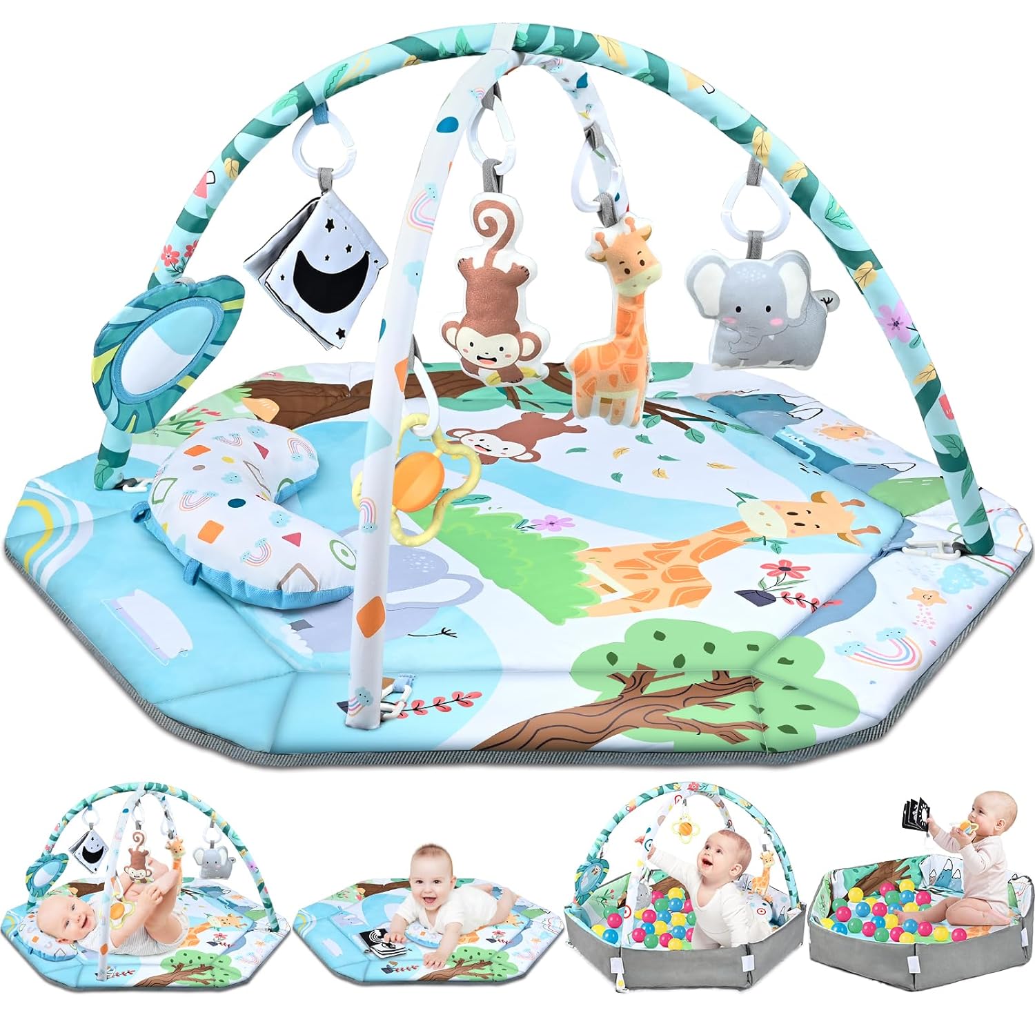 Tapis de jeu bébé avec jouets sensoriels amovibles et textures variées