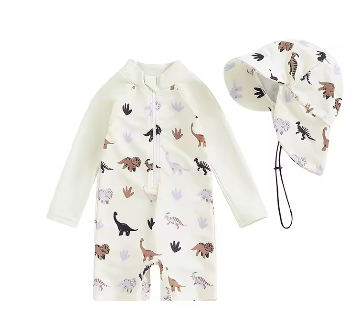 Ensemble maillot de bain bébé manches longues avec chapeau dinosaure