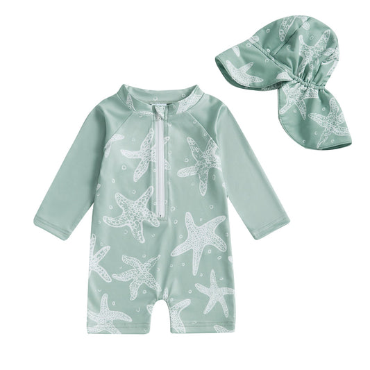 Maillot de bain bébé vert menthe avec étoiles de mer blanches