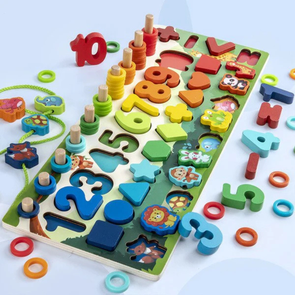 Puzzle en bois avec chiffres et formes colorées
