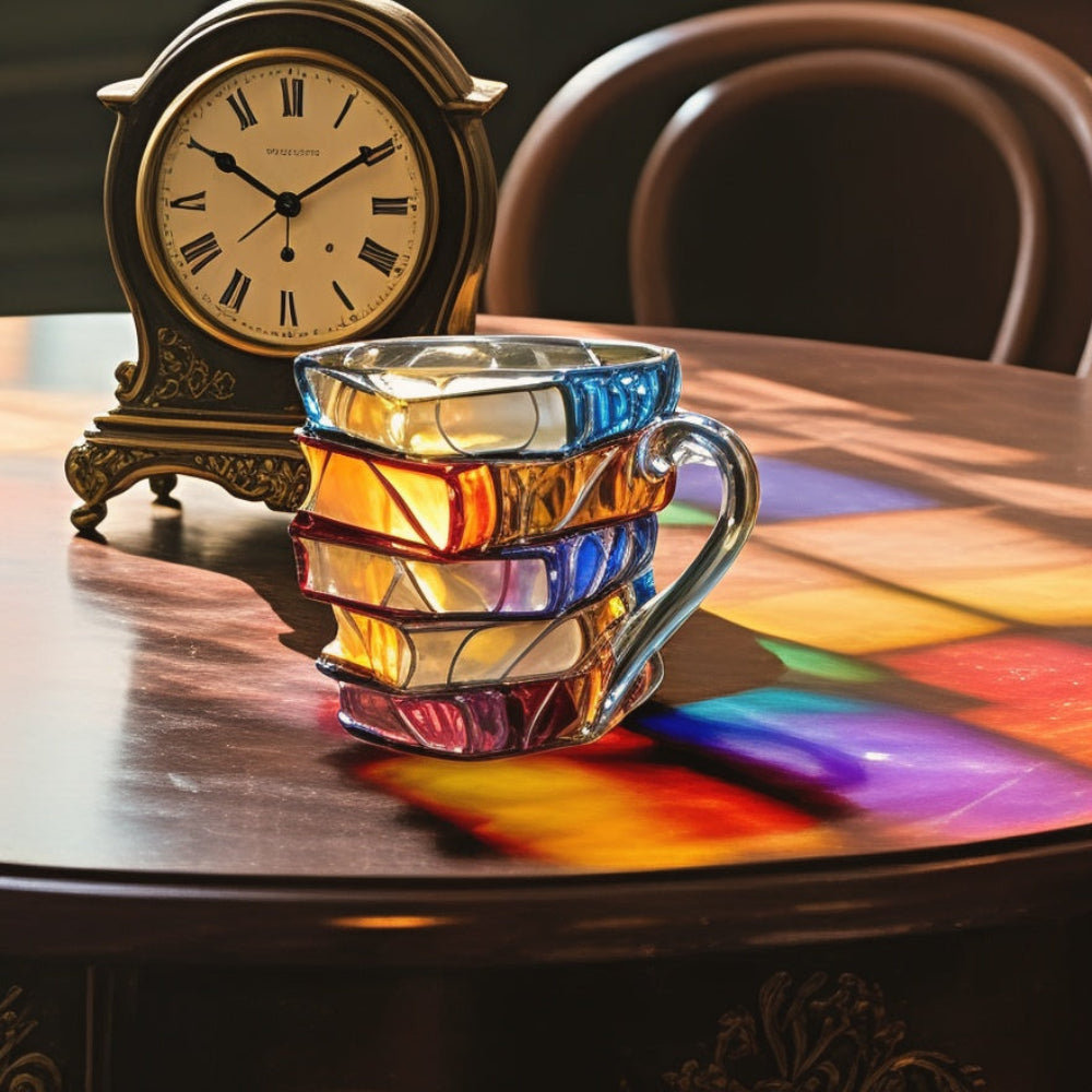 Tasse transparente avec motif de dos de livres colorés