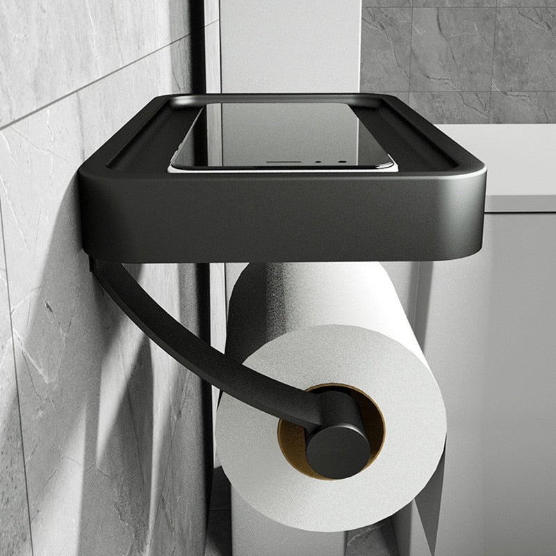 Support papier toilette noir avec étagère intégrée en aluminium