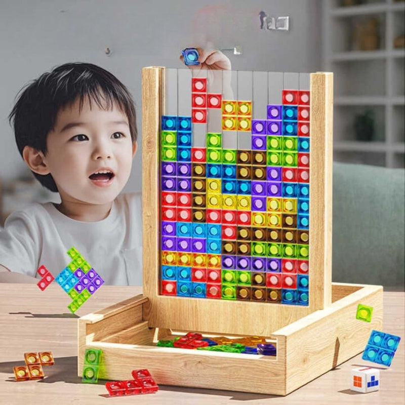 Puzzle en bois naturel avec pièces colorées assemblées