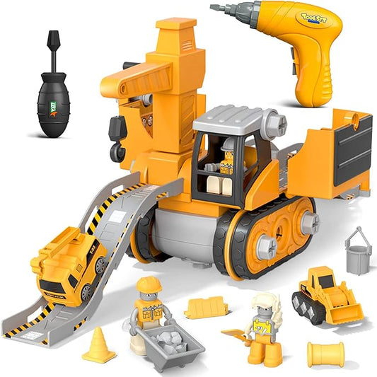Véhicules de construction 3-en-1 sur surface en bois clair