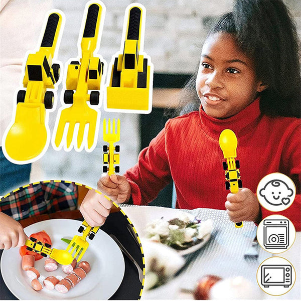 Fourchette bulldozer pour enfants sur une table en bois