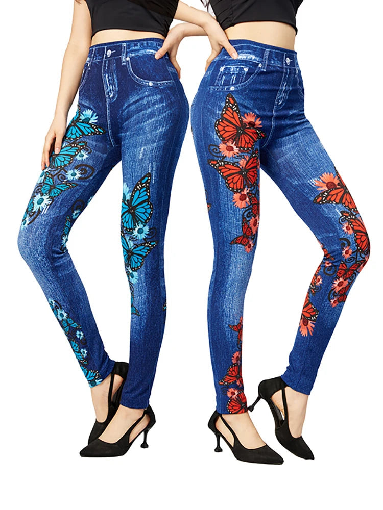 Jeggings taille haute avec motif papillon sur fond clair