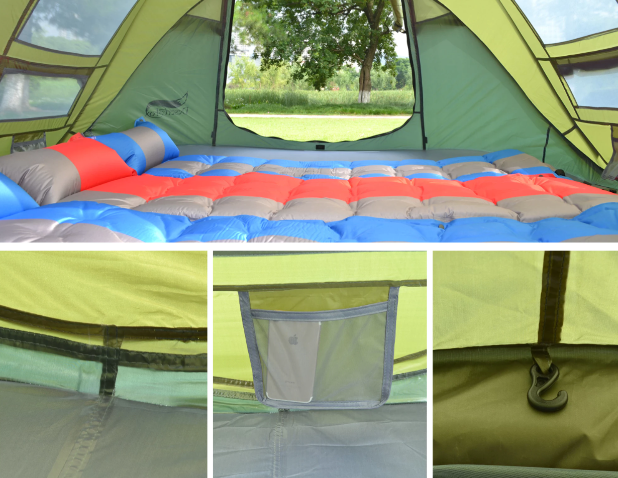 Vue intérieure de la tente avec trois sacs de couchage