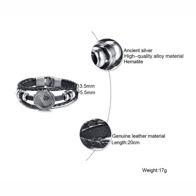 Bracelet en cuir tressé noir avec motif poker visible