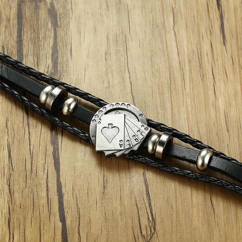 Bracelet en cuir noir avec design de cartes de poker