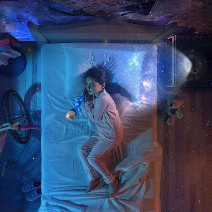 Projecteur de galaxie illuminant un plafond étoilé