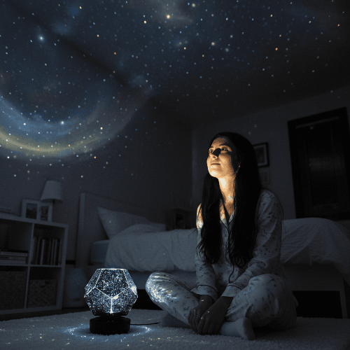 Projecteur avec télécommande et câble USB sur fond blanc