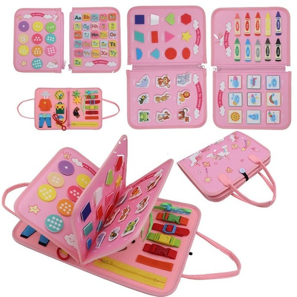 Pages du livre Montessori avec boutons et lacets colorés