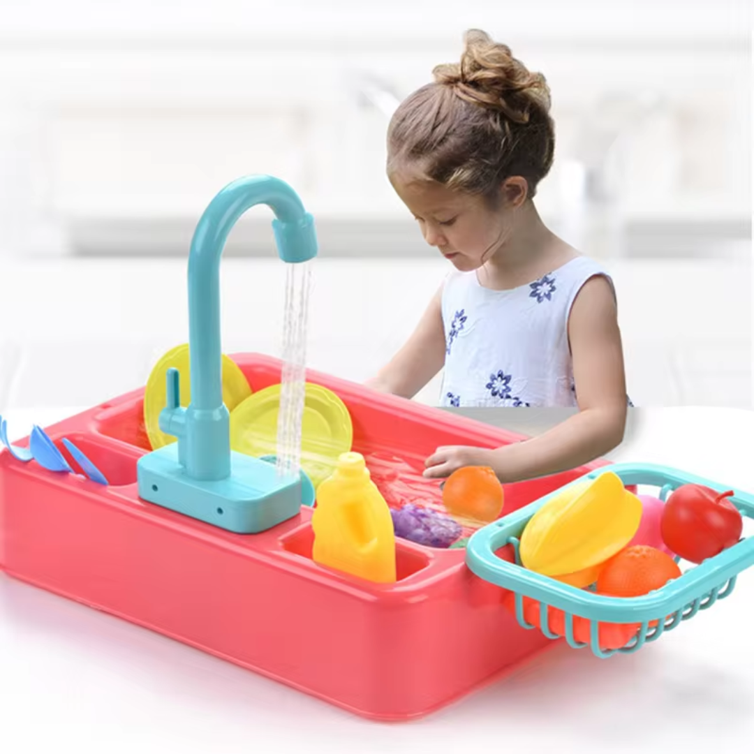 Évier éducatif avec vaisselle et aliments pour jeu de rôle