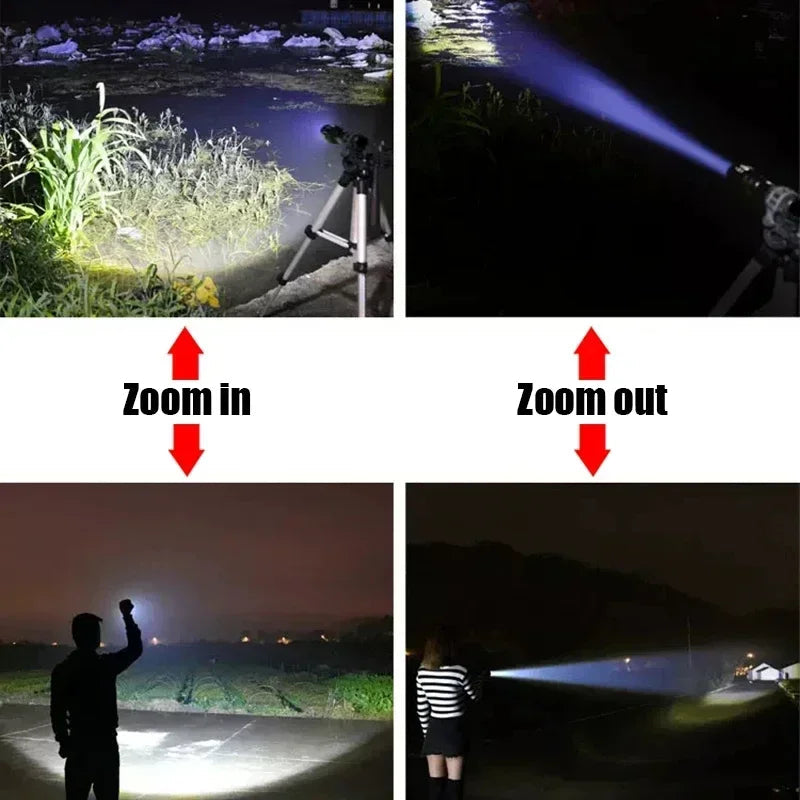 Lampe de poche tactique avec faisceau LED allumé en extérieur