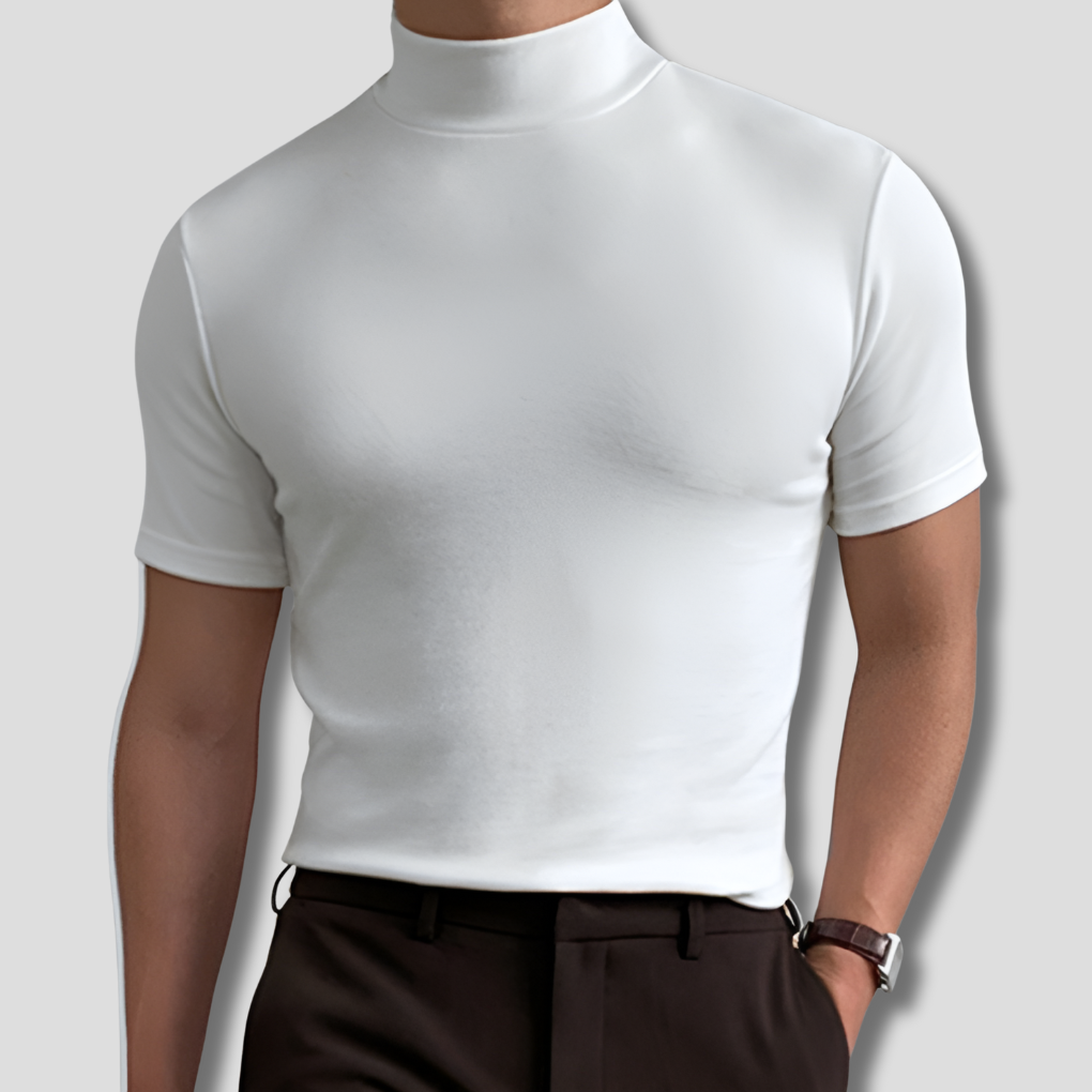 T-shirt homme col montant, coupe ajustée, fond blanc